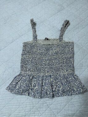 Patrons of Peace Blue and Cream Floral Smocked Peplum Tank